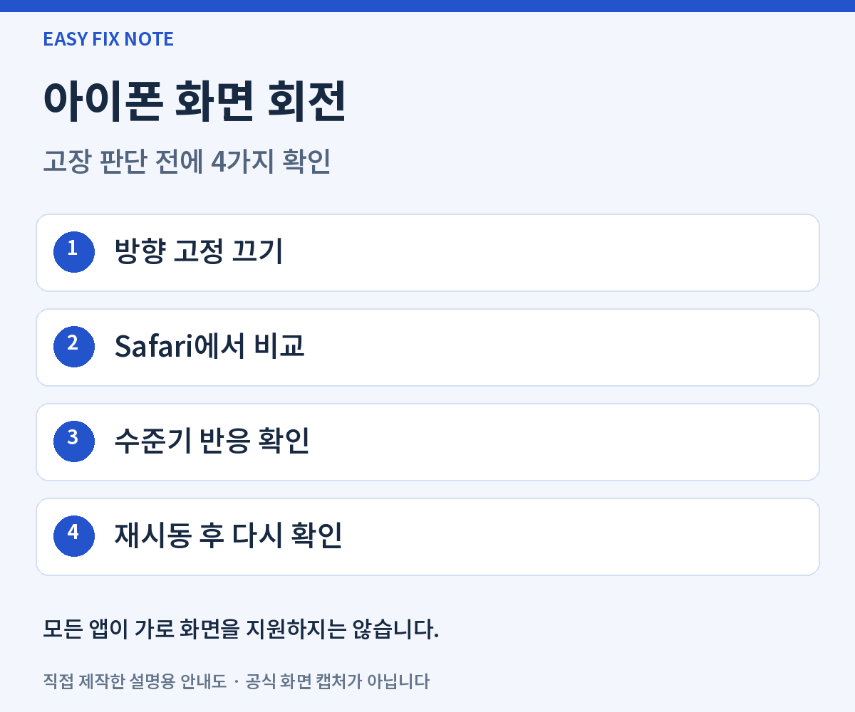 아이폰 화면 회전: 방향 고정 끄기, Safari에서 비교, 수준기 반응 확인, 재시동 후 다시 확인. 모든 앱이 가로 화면을 지원하지는 않습니다.