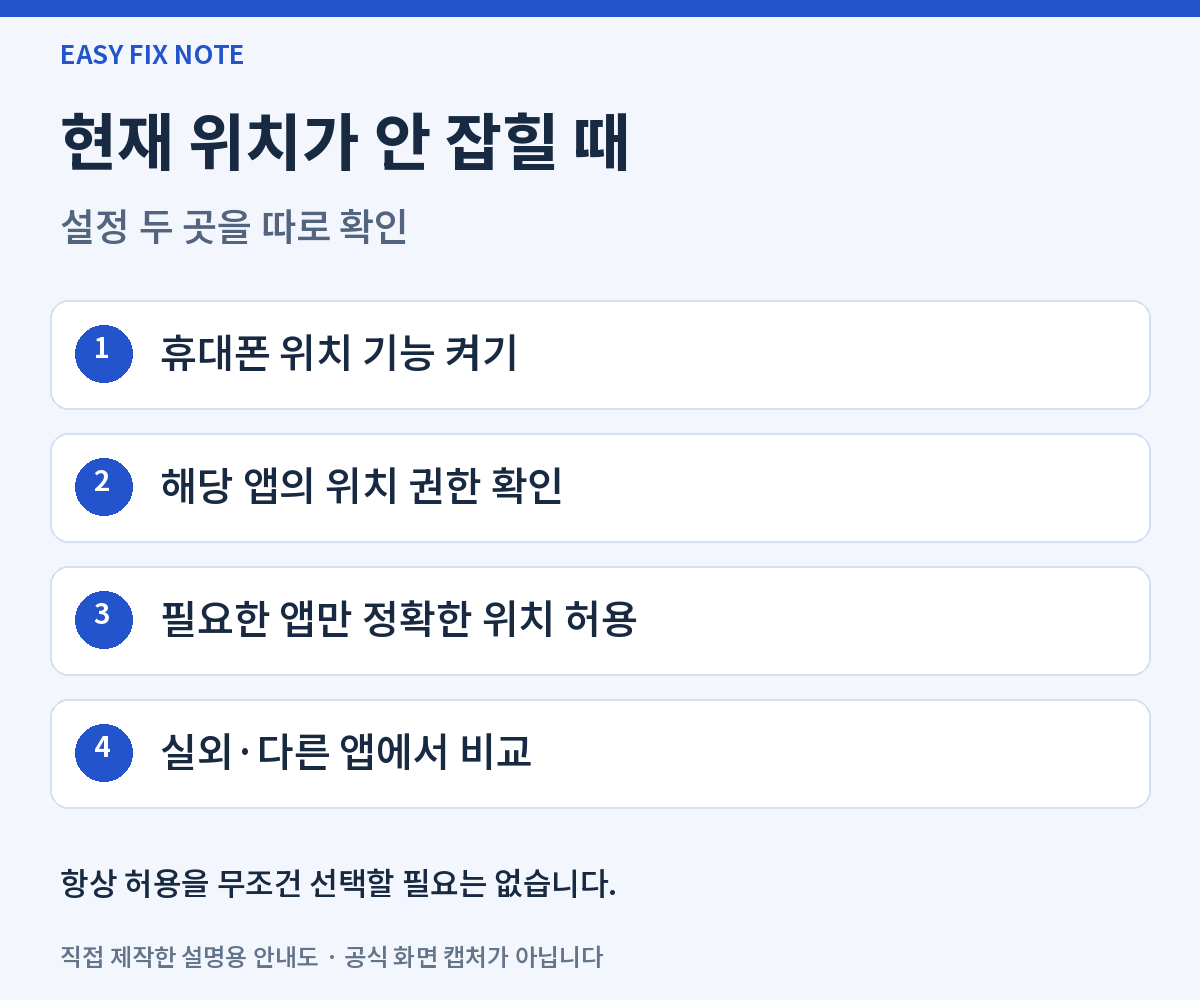 현재 위치가 안 잡힐 때: 휴대폰 위치 기능 켜기, 해당 앱의 위치 권한 확인, 필요한 앱만 정확한 위치 허용, 실외·다른 앱에서 비교. 항상 허용을 무조건 선택할 필요는 없습니다.