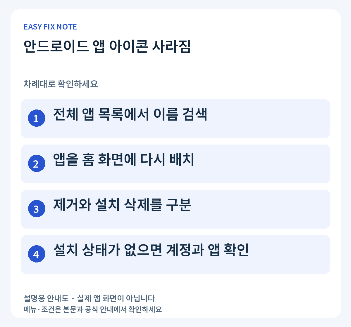 안드로이드 앱 아이콘 사라짐: 전체 앱 목록에서 이름 검색, 앱을 홈 화면에 다시 배치, 제거와 설치 삭제를 구분, 설치 상태가 없으면 계정과 앱 확인