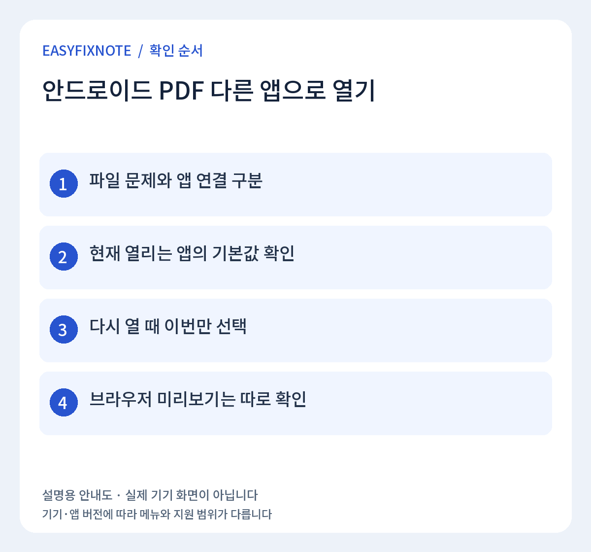 안드로이드 PDF 다른 앱으로 열기 확인 순서: 파일 문제와 앱 연결 구분, 현재 열리는 앱의 기본값 확인, 다시 열 때 이번만 선택, 브라우저 미리보기는 따로 확인