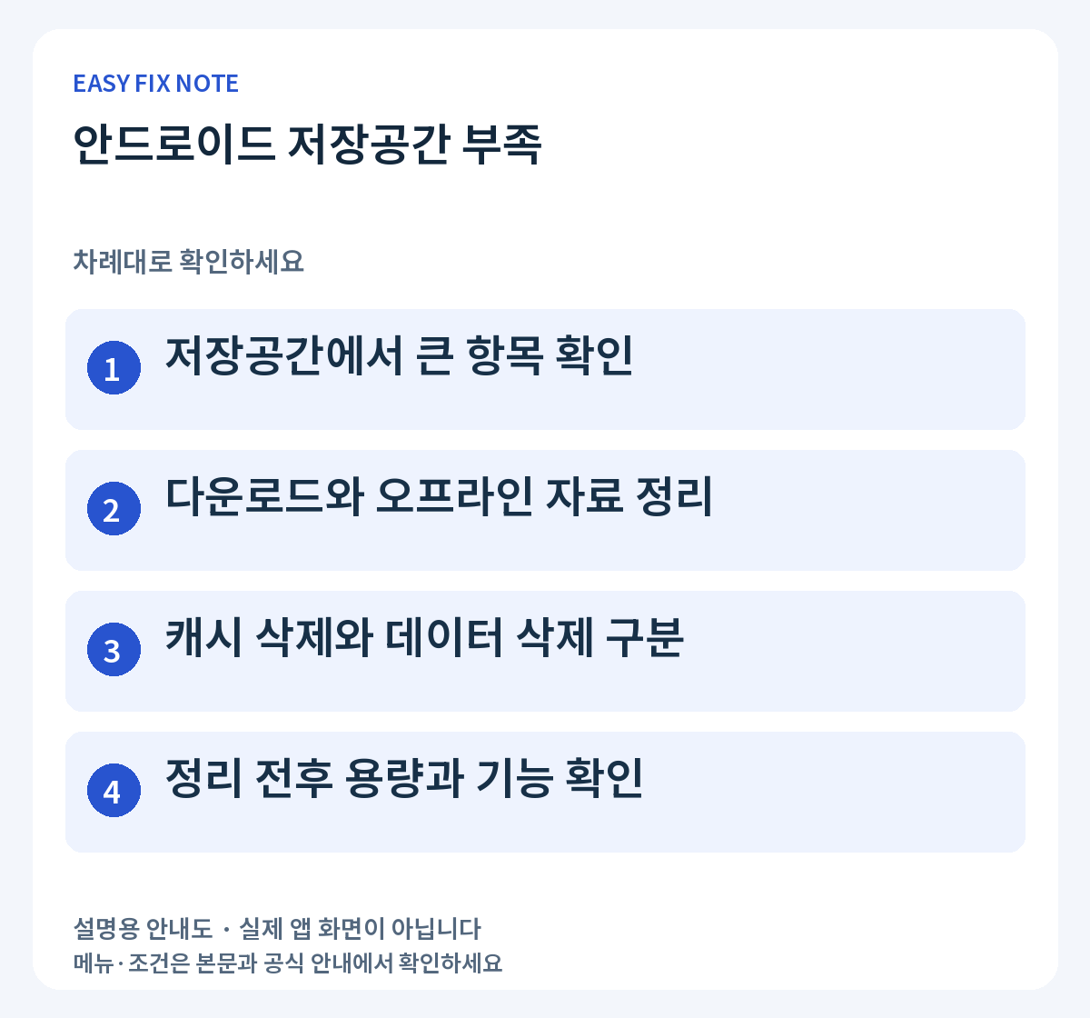 안드로이드 저장공간 부족: 저장공간에서 큰 항목 확인, 다운로드와 오프라인 자료 정리, 캐시 삭제와 데이터 삭제 구분, 정리 전후 용량과 기능 확인