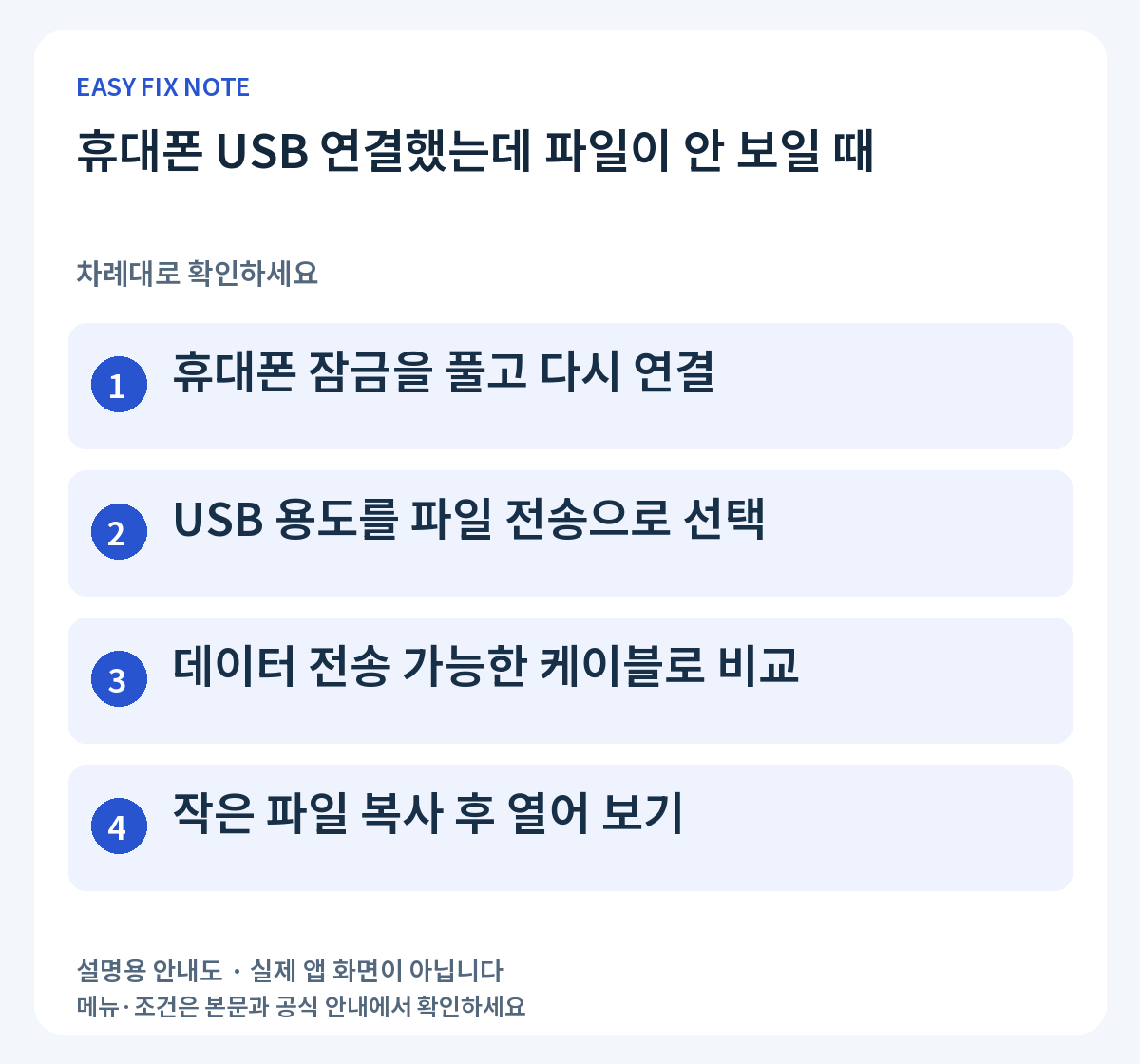 휴대폰 USB 연결했는데 파일이 안 보일 때: 휴대폰 잠금을 풀고 다시 연결, USB 용도를 파일 전송으로 선택, 데이터 전송 가능한 케이블로 비교, 작은 파일 복사 후 열어 보기