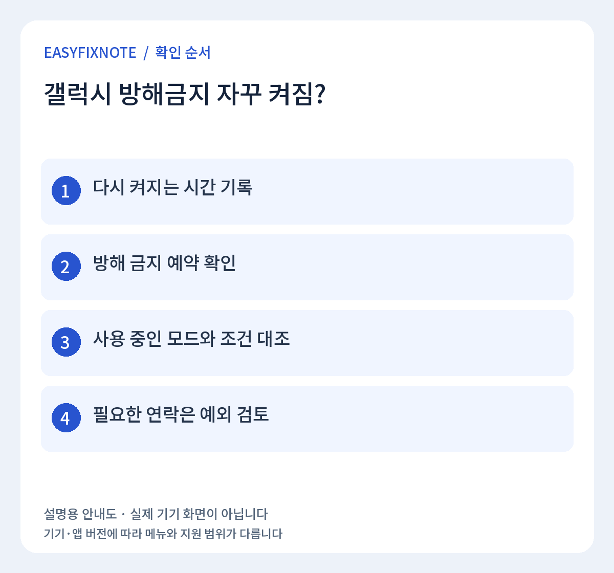 갤럭시 방해금지 자꾸 켜짐? 확인 순서: 다시 켜지는 시간 기록, 방해 금지 예약 확인, 사용 중인 모드와 조건 대조, 필요한 연락은 예외 검토