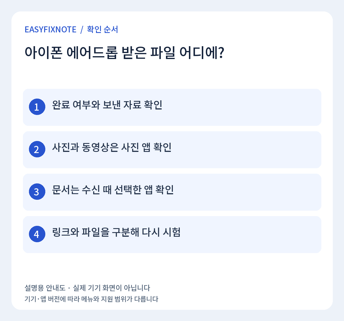 아이폰 에어드롭 받은 파일 어디에? 확인 순서: 완료 여부와 보낸 자료 확인, 사진과 동영상은 사진 앱 확인, 문서는 수신 때 선택한 앱 확인, 링크와 파일을 구분해 다시 시험