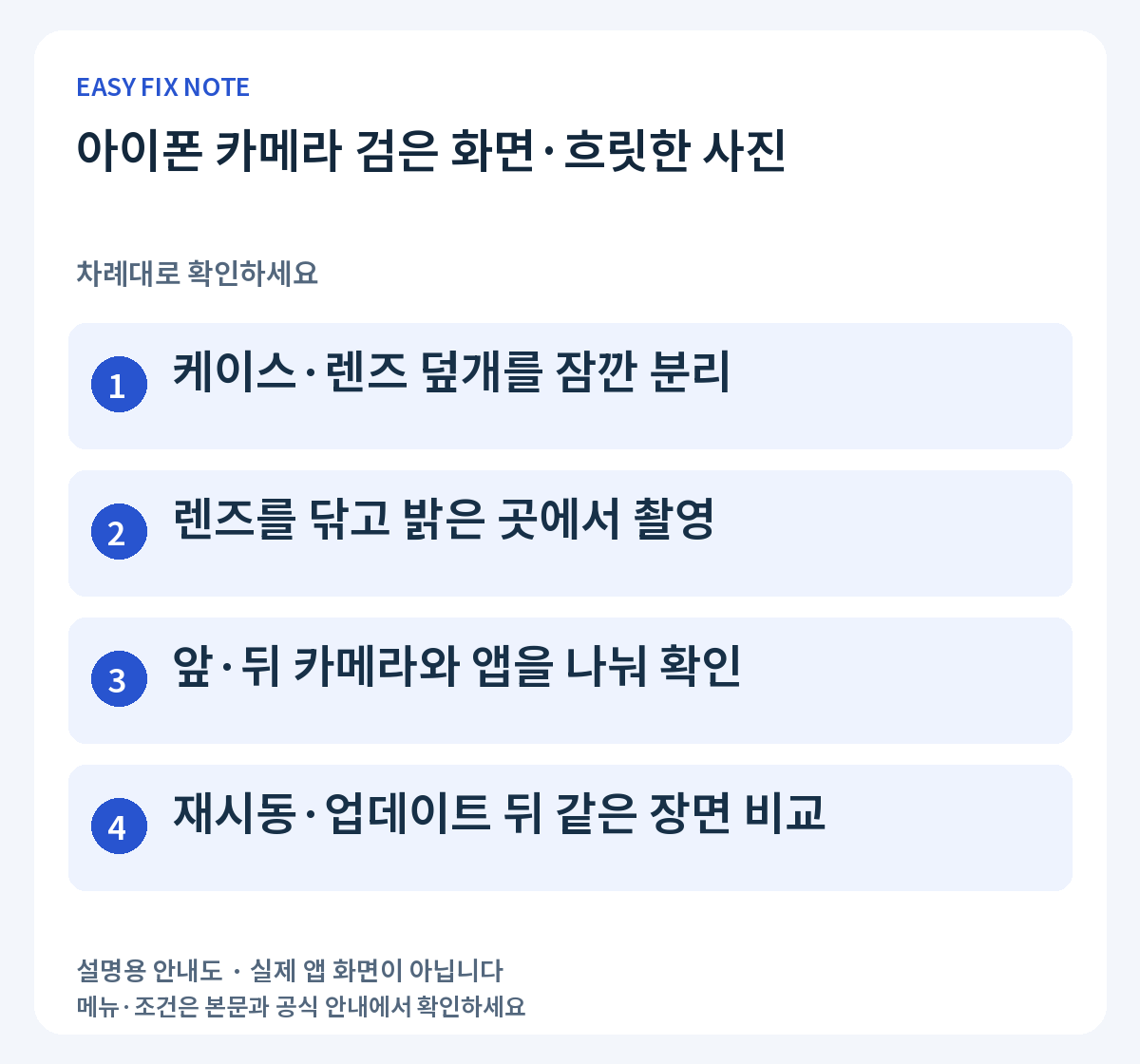 아이폰 카메라 검은 화면·흐릿한 사진: 케이스·렌즈 덮개를 잠깐 분리, 렌즈를 닦고 밝은 곳에서 촬영, 앞·뒤 카메라와 앱을 나눠 확인, 재시동·업데이트 뒤 같은 장면 비교