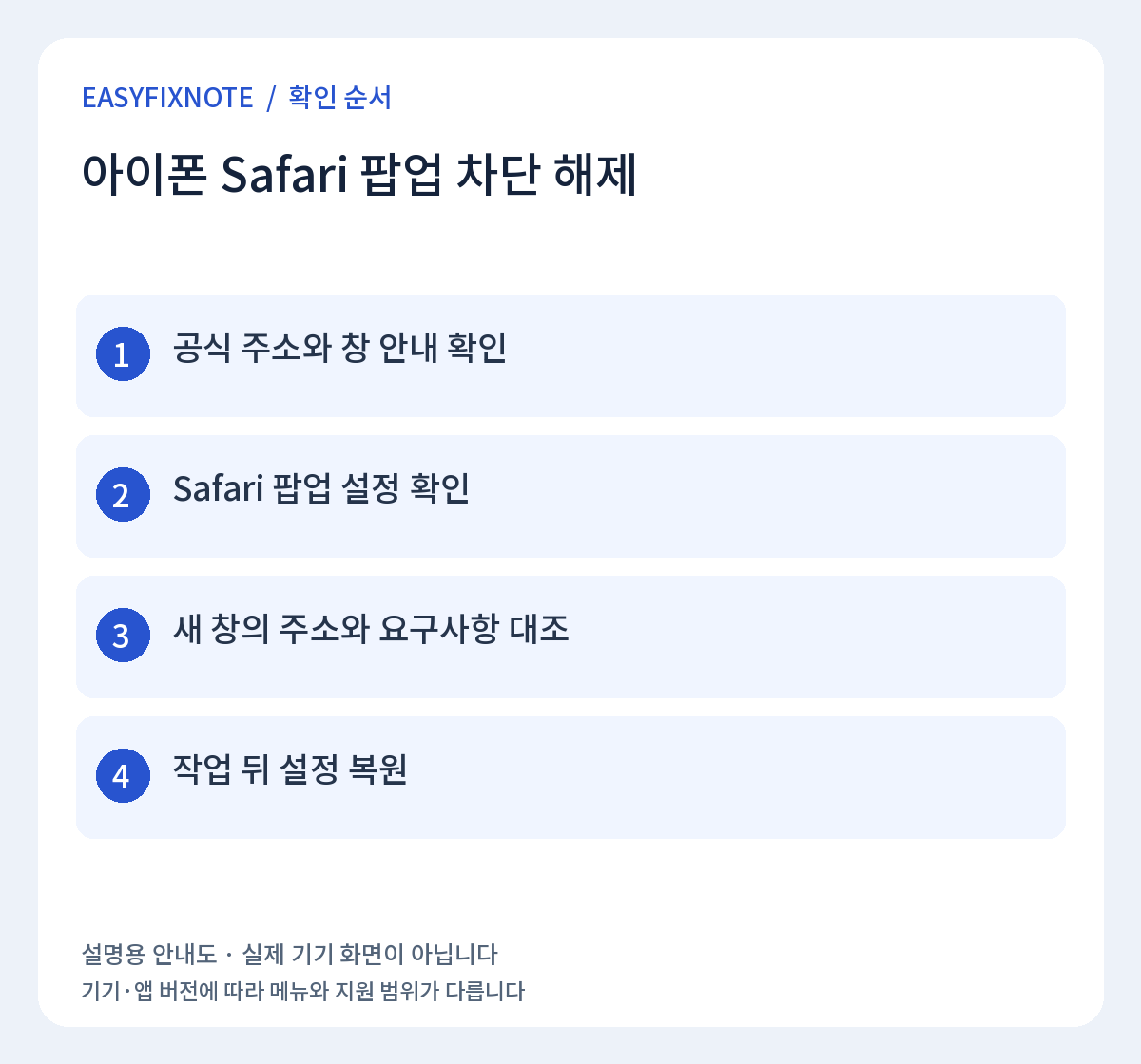 아이폰 Safari 팝업 차단 해제 확인 순서: 공식 주소와 창 안내 확인, Safari 팝업 설정 확인, 새 창의 주소와 요구사항 대조, 작업 뒤 설정 복원