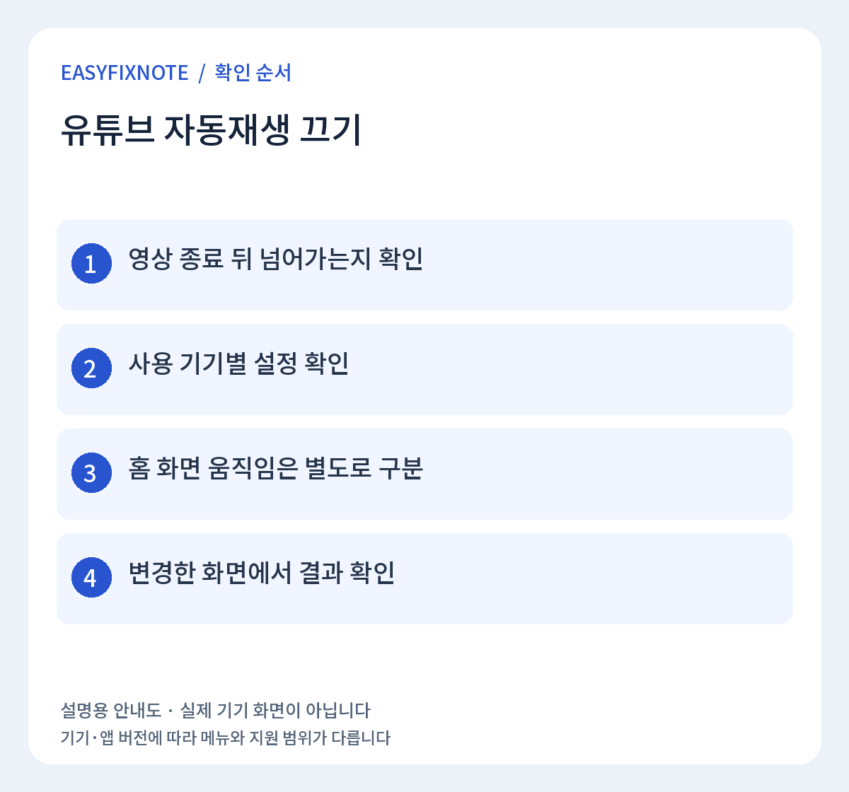 유튜브 자동재생 끄기 확인 순서: 영상 종료 뒤 넘어가는지 확인, 사용 기기별 설정 확인, 홈 화면 움직임은 별도로 구분, 변경한 화면에서 결과 확인