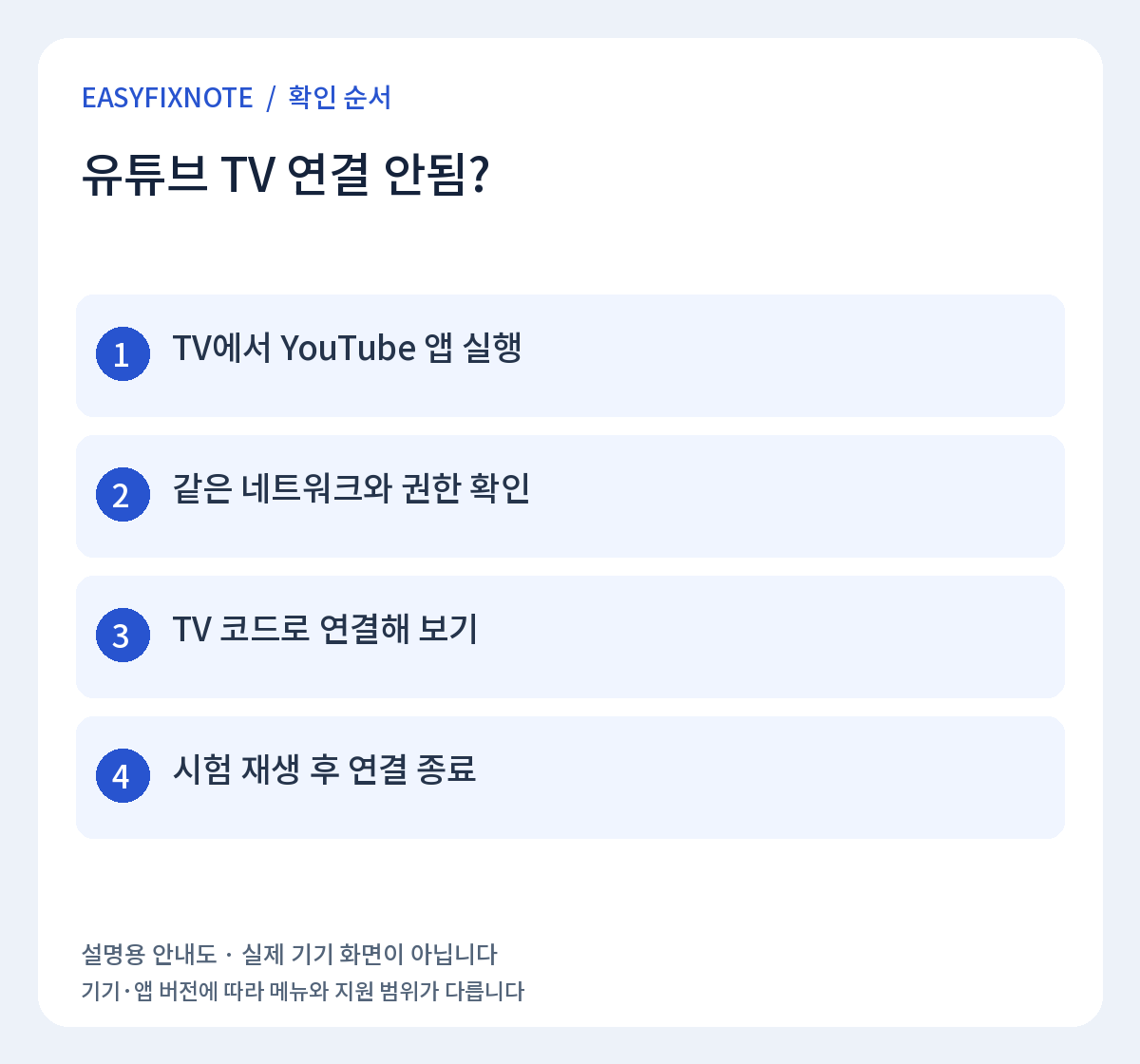 유튜브 TV 연결 안됨? 확인 순서: TV에서 YouTube 앱 실행, 같은 네트워크와 권한 확인, TV 코드로 연결해 보기, 시험 재생 후 연결 종료