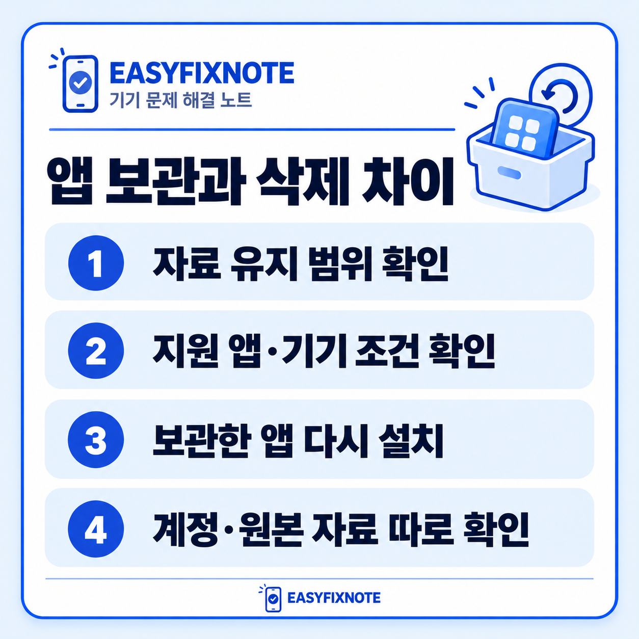 앱 보관과 삭제 차이 — 자료 유지 범위 확인, 지원 앱·기기 조건 확인, 보관한 앱 다시 설치, 계정·원본 자료 따로 확인