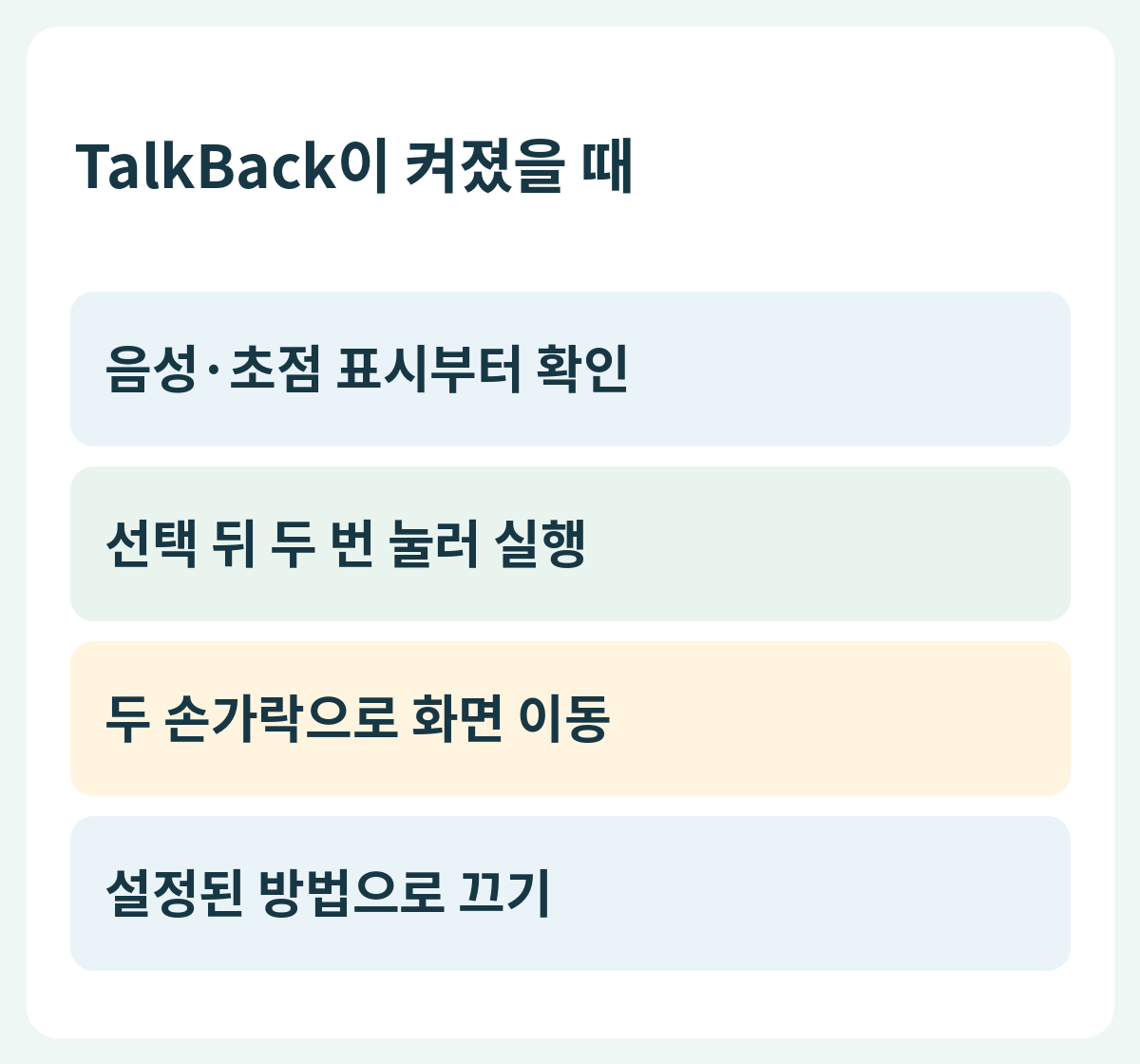 TalkBack이 켜졌을 때 — 음성·초점 표시부터 확인 → 선택 뒤 두 번 눌러 실행 → 두 손가락으로 화면 이동 → 설정된 방법으로 끄기