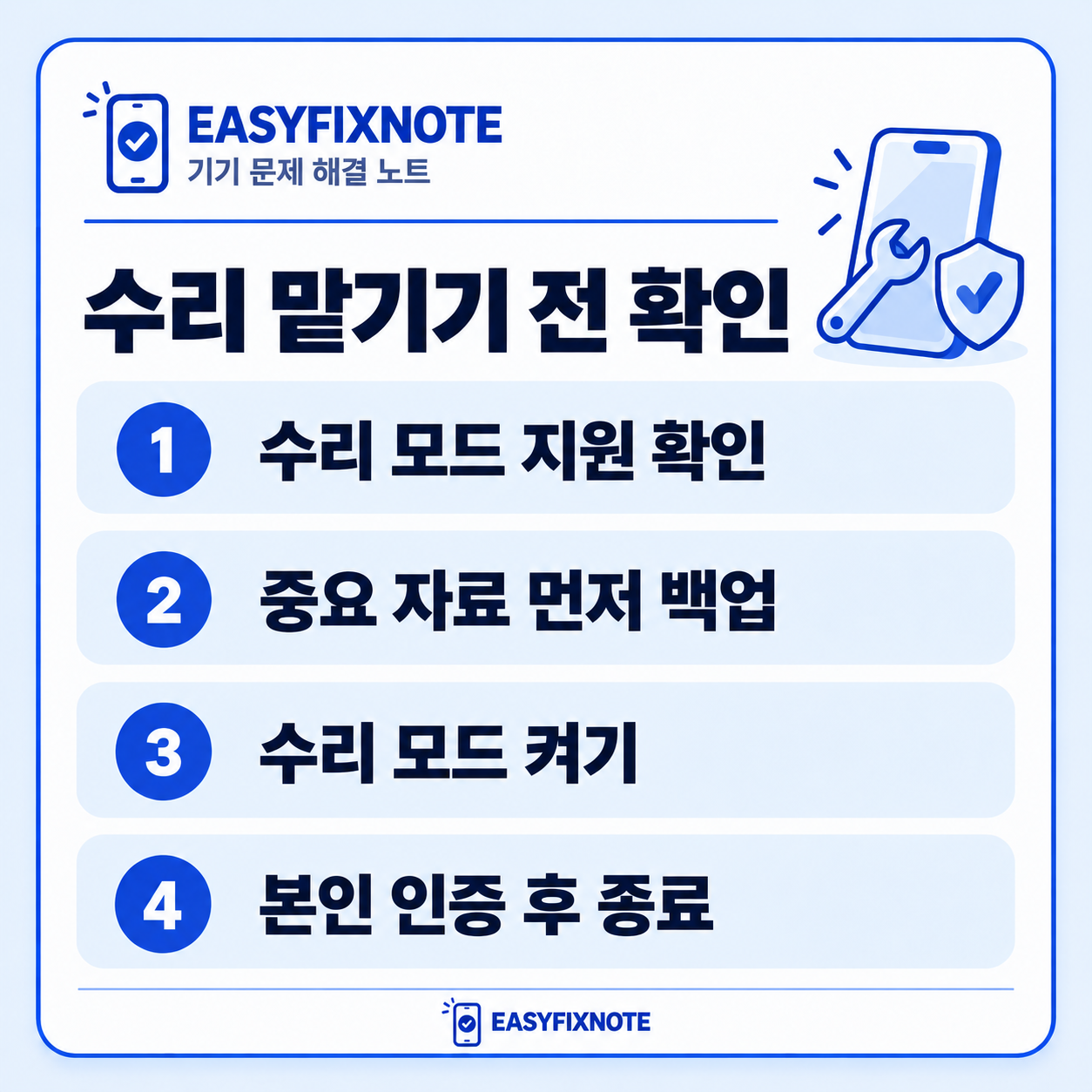 수리 맡기기 전 확인 — 수리 모드 지원 확인, 중요 자료 먼저 백업, 수리 모드 켜기, 본인 인증 후 종료
