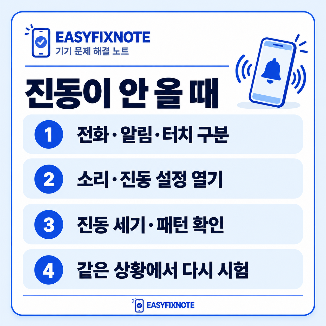 진동이 안 올 때 — 전화·알림·터치 구분, 소리·진동 설정 열기, 진동 세기·패턴 확인, 같은 상황에서 다시 시험