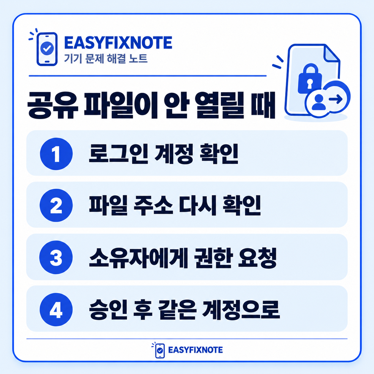 공유 파일이 안 열릴 때 — 로그인 계정 확인, 파일 주소 다시 확인, 소유자에게 권한 요청, 승인 후 같은 계정으로