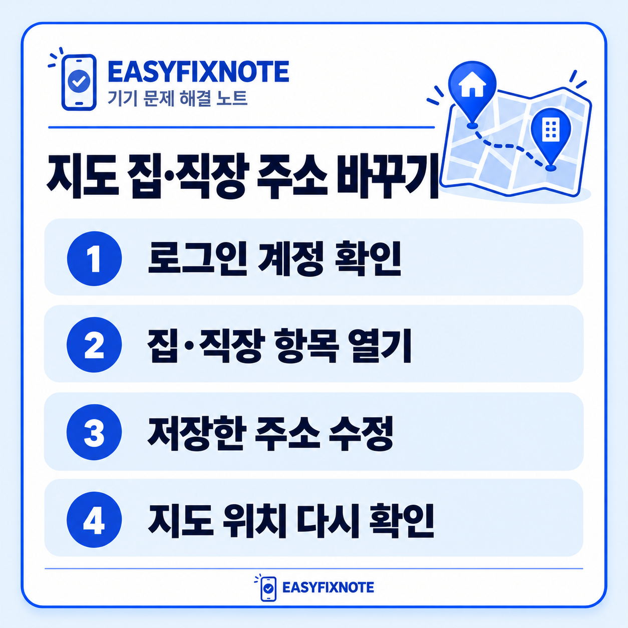 지도 집·직장 주소 바꾸기 — 로그인 계정 확인, 집·직장 항목 열기, 저장한 주소 수정, 지도 위치 다시 확인