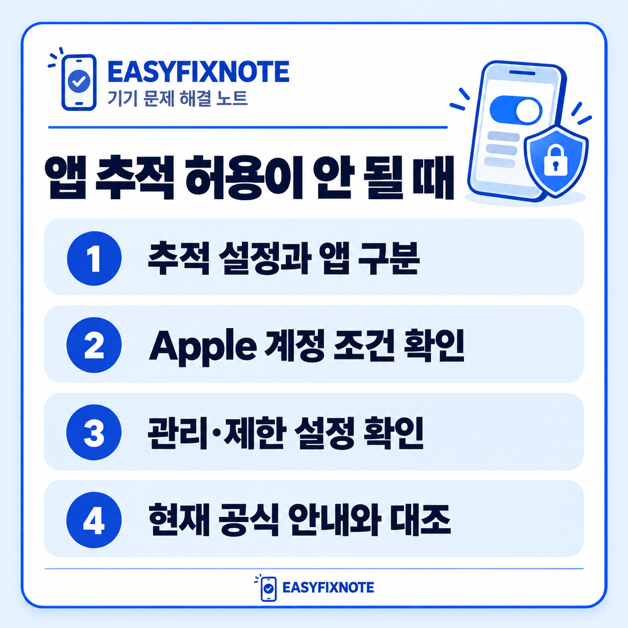 앱 추적 허용이 안 될 때 — 추적 설정과 앱 구분, Apple 계정 조건 확인, 관리·제한 설정 확인, 현재 공식 안내와 대조