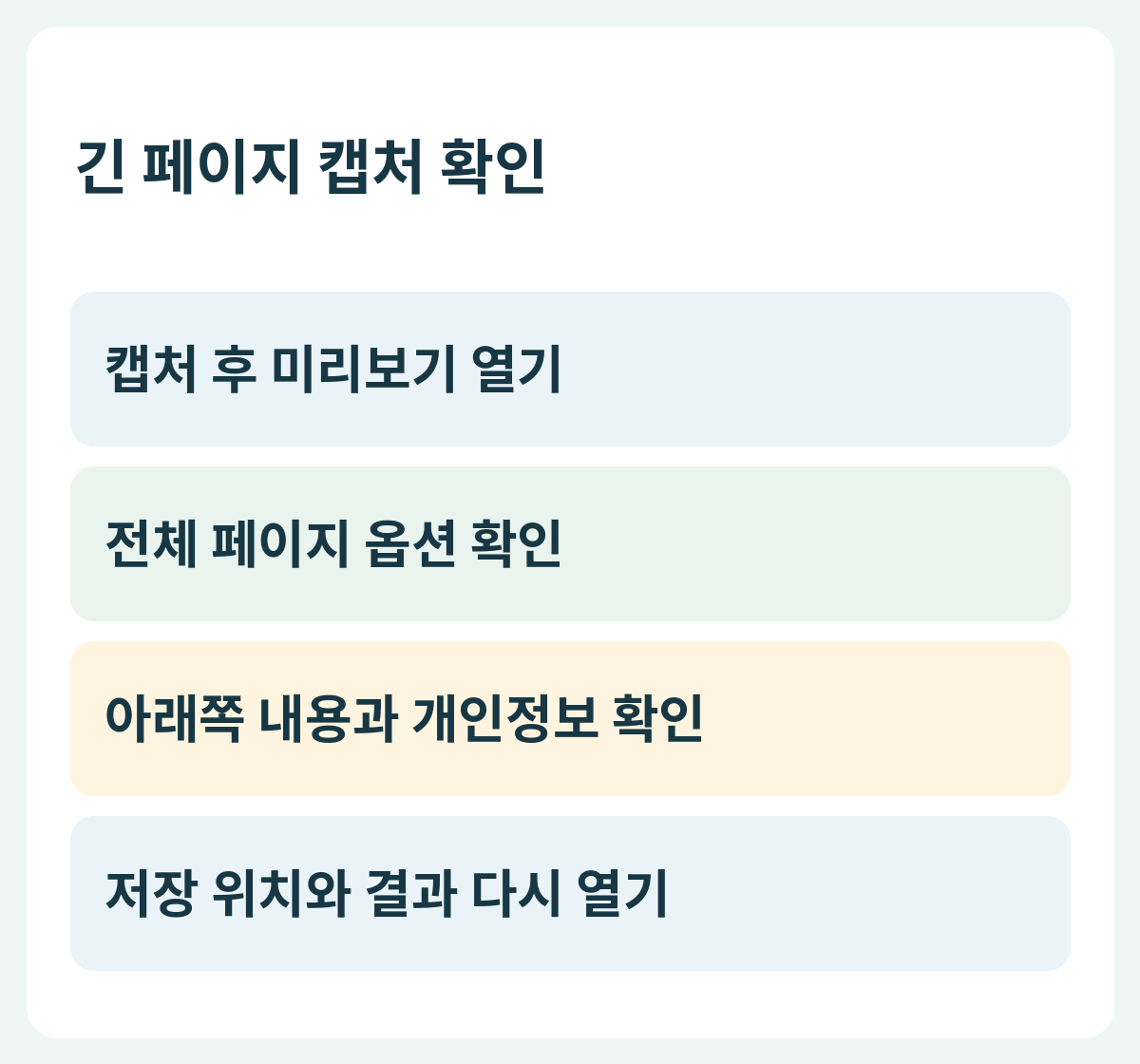 긴 페이지 캡처 확인 — 캡처 후 미리보기 열기 → 전체 페이지 옵션 확인 → 아래쪽 내용과 개인정보 확인 → 저장 위치와 결과 다시 열기